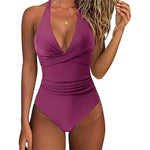 S - XXL Wrinkled Halter V Neck One Piece Swimsuit Women Swimwear Female Monokini Backless Bathing Suit Swim Beachwear Bodysuit