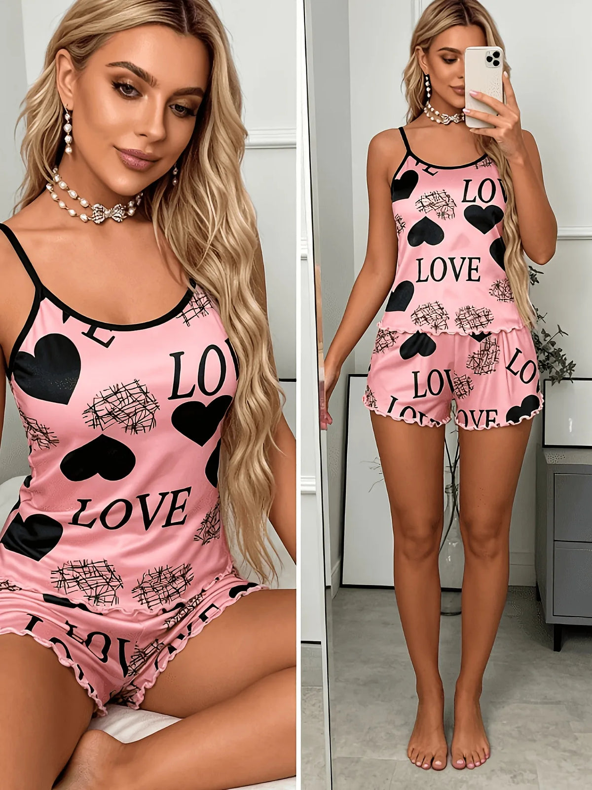 Women's Pink Heart LOVE Print 2 Piece Pajama Set, Spaghetti Strap Cami Top and Ruffle Hem Shorts, Summer Loungewear