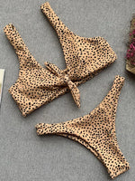 Bow Knotted Polka Dot Leopard Bikini Women High Leg Cut Swimwear Female Ribbed Swimsuit Sexy Brazilian Bathing Suit Swim Lady