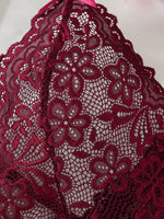 Date-specific Deep V cut WineRed lace one-piece dress. Lightweight sheer cross-strapped women's sexy lingerie set.