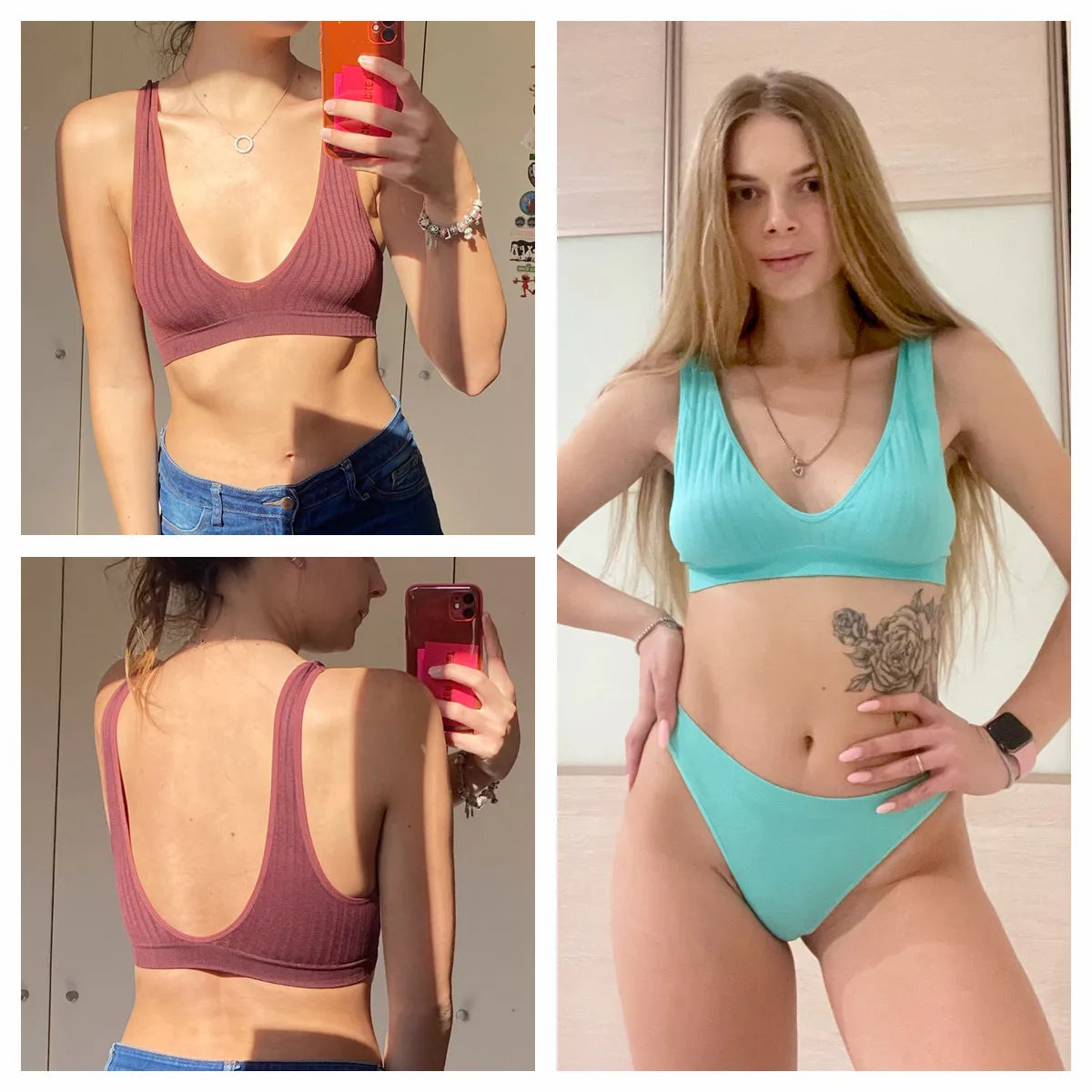 Women Seamless Bra And Panties Set Sexy Ribbed Bra Top Low Waist Thongs Wire-free Brassiere No Pads Comfort Intimates M-XL