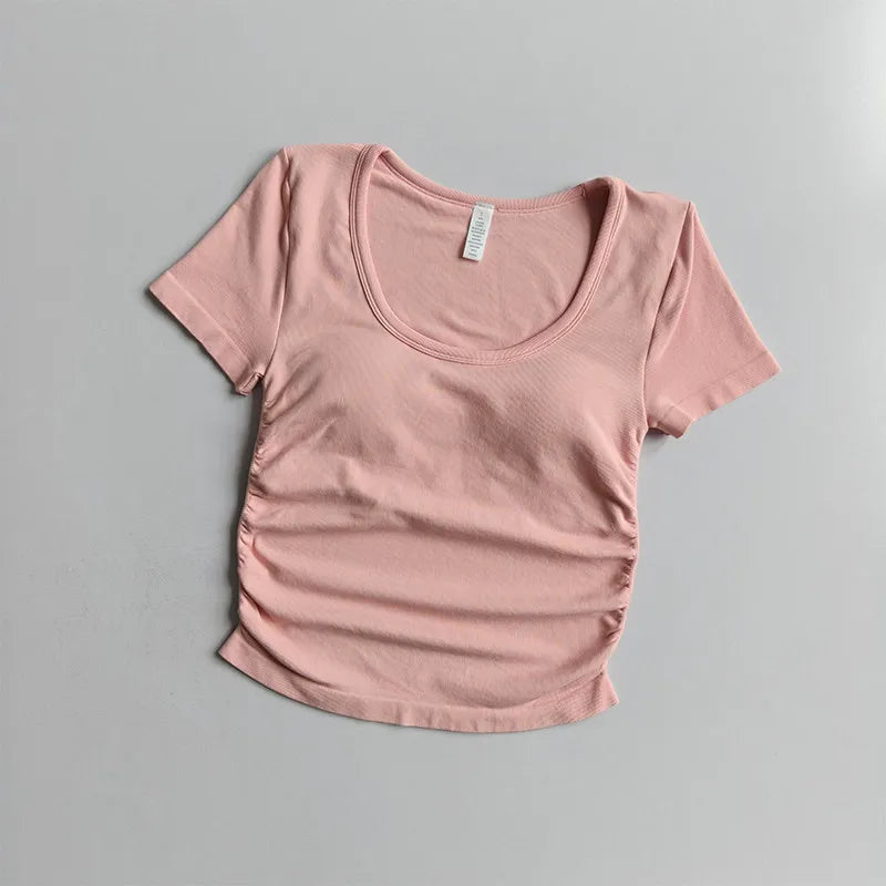 Big round Neck Yoga T-Shirt Short-Sleeved Slimming Sports Top with Fixed Chest Cushion for Running Pilates Summer Stretch