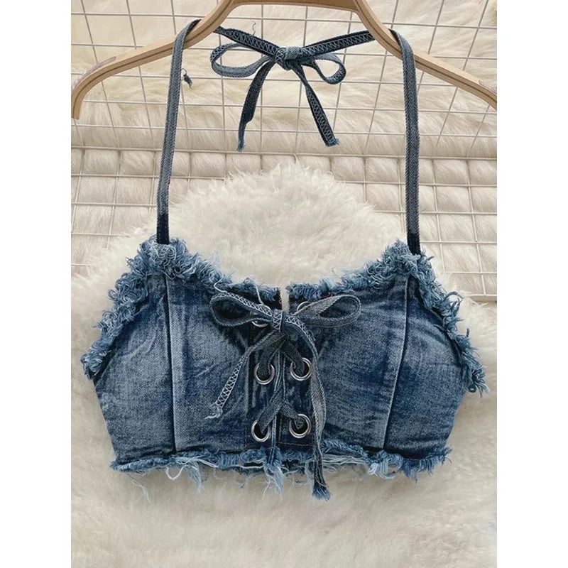 Bathing Suit Women Sexy Denim Suits Bikini Set Lace Up Drawstring Beachwear 2025 Solid Summer Vintage Two-pieces Swimwear