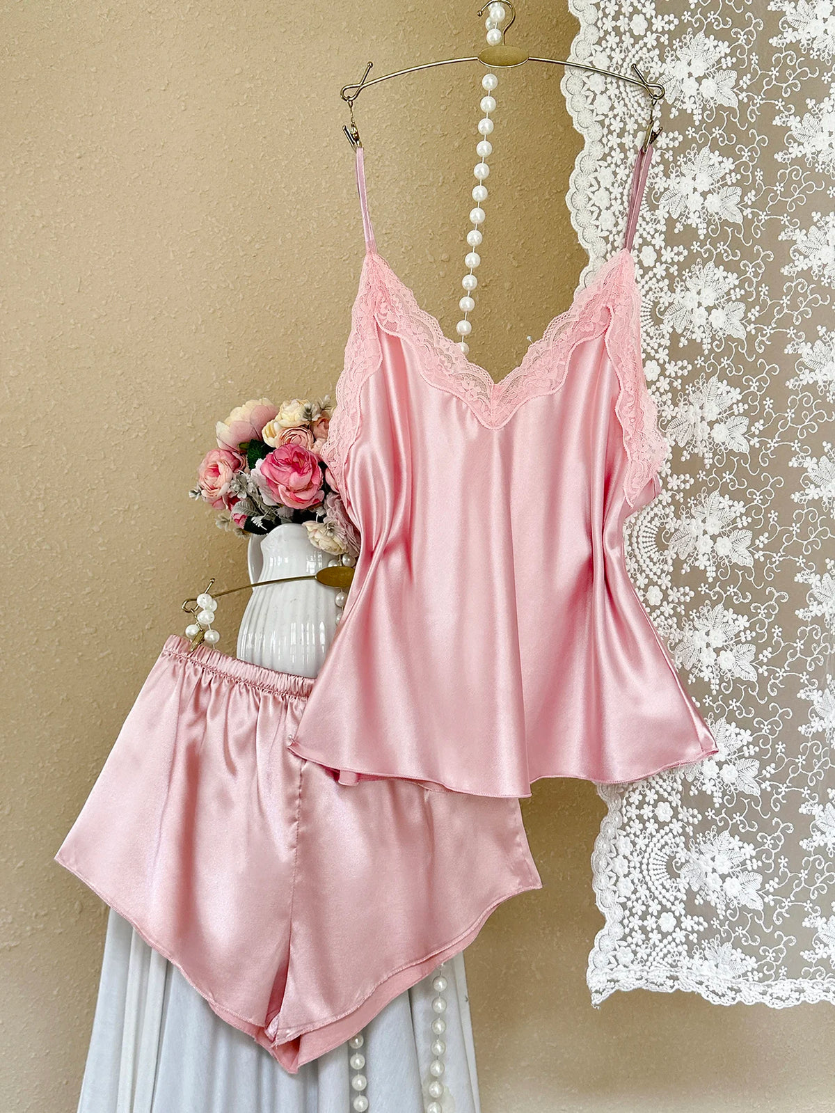 Women's 2 Piece Satin Pajama Set Pink Lace Trim V-Neck Cami Top and Shorts Elegant Sexy Sleepwear Solid Loungewear for Summer