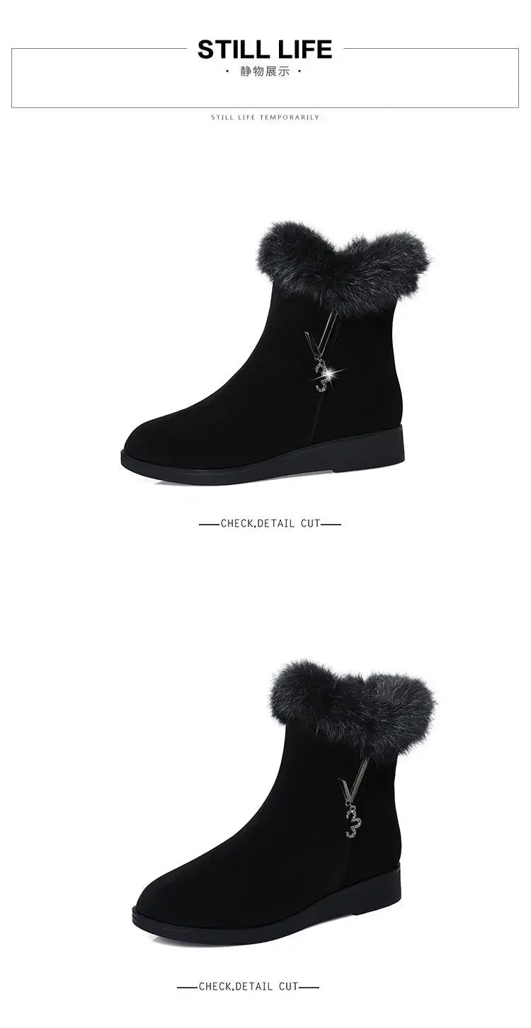 Plush Womens Boots Comfortable Hick-soled Fur Shoes Fashion Ladies Shoes Zipper Women Vulcanized Shoes Anti-slip Chaussure Femme