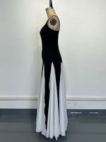 Color Matching Spaghetti Strap Dresses Women Sexy Low Cut Slim Slit Long Dress Fashion Party Prom Evening Vestidos Female