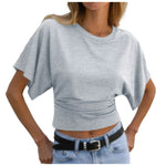 Y2k Solid Cotton O-Neck Ruched Waist Short Top Women Short-Sleeved Loose T-Shirt Causal All-Match Short Summer Basic T Shirts