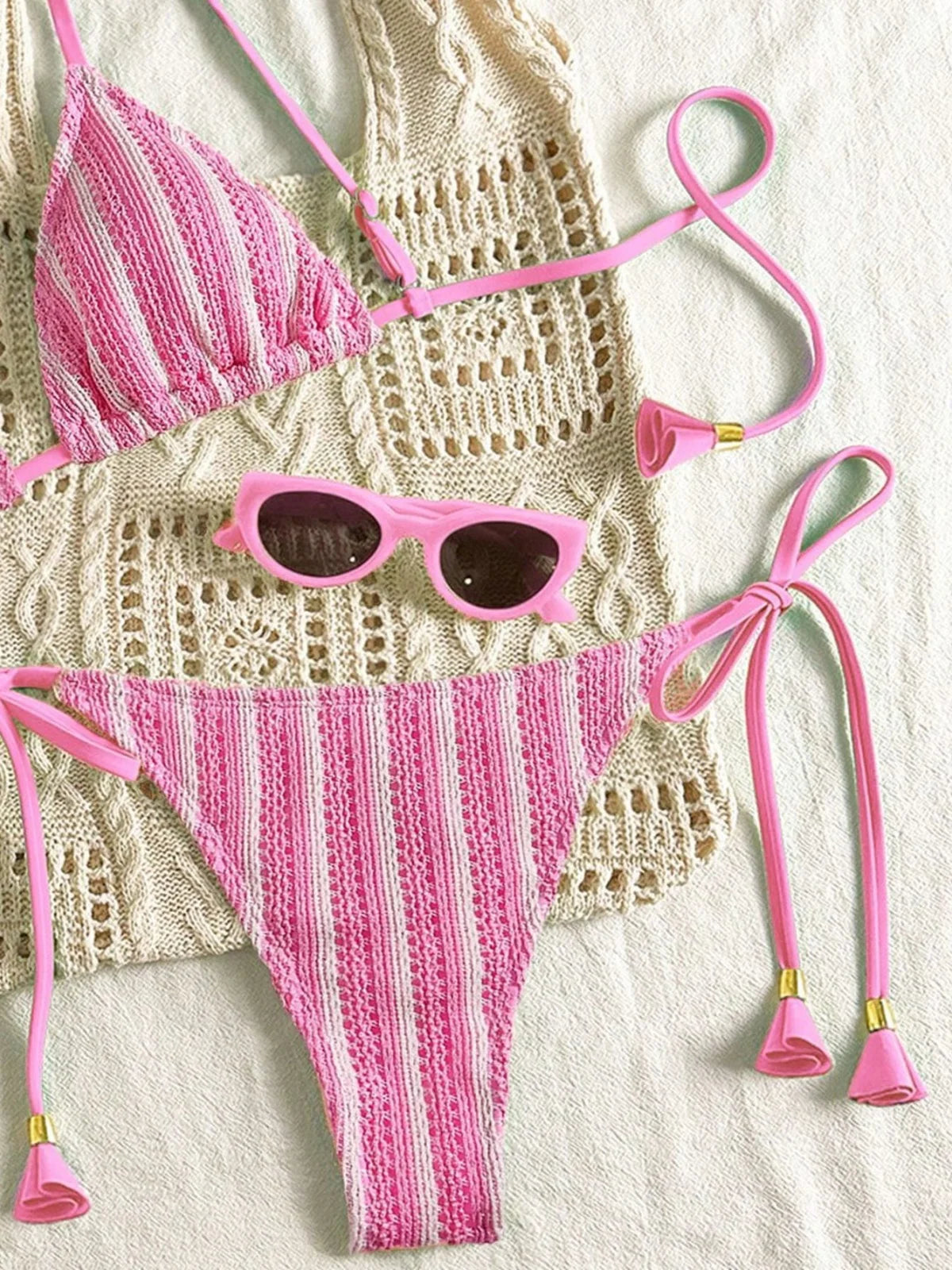 Sexy Orange Striped Bikini Set 2026 Women Halter Push Up Bra Tassel Bandage Thong Swimsuit Summer Holiday Bathing Suit Swimwear