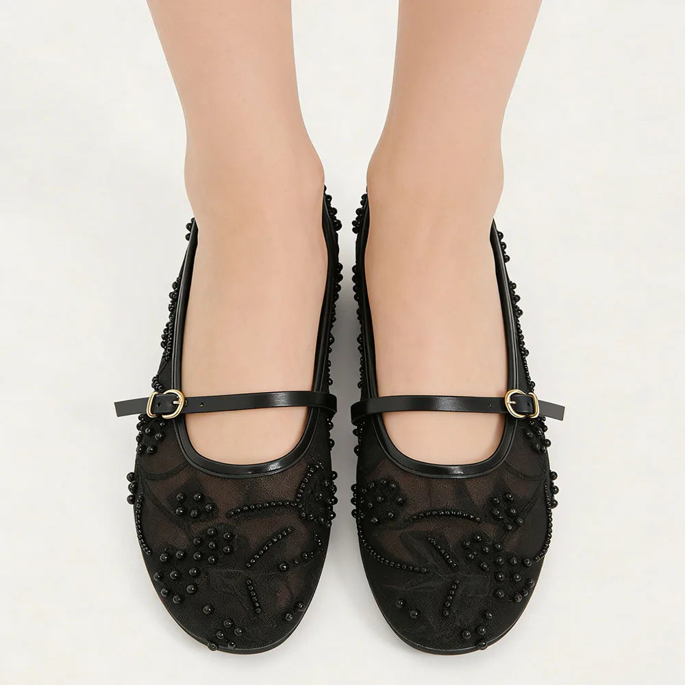 2026 Big size 42 Chic Nude Beading Flat Mary Janes Shoes Women Leisure Mesh Pearls Embroidery Comfy Walk Ballet Flats Shoes