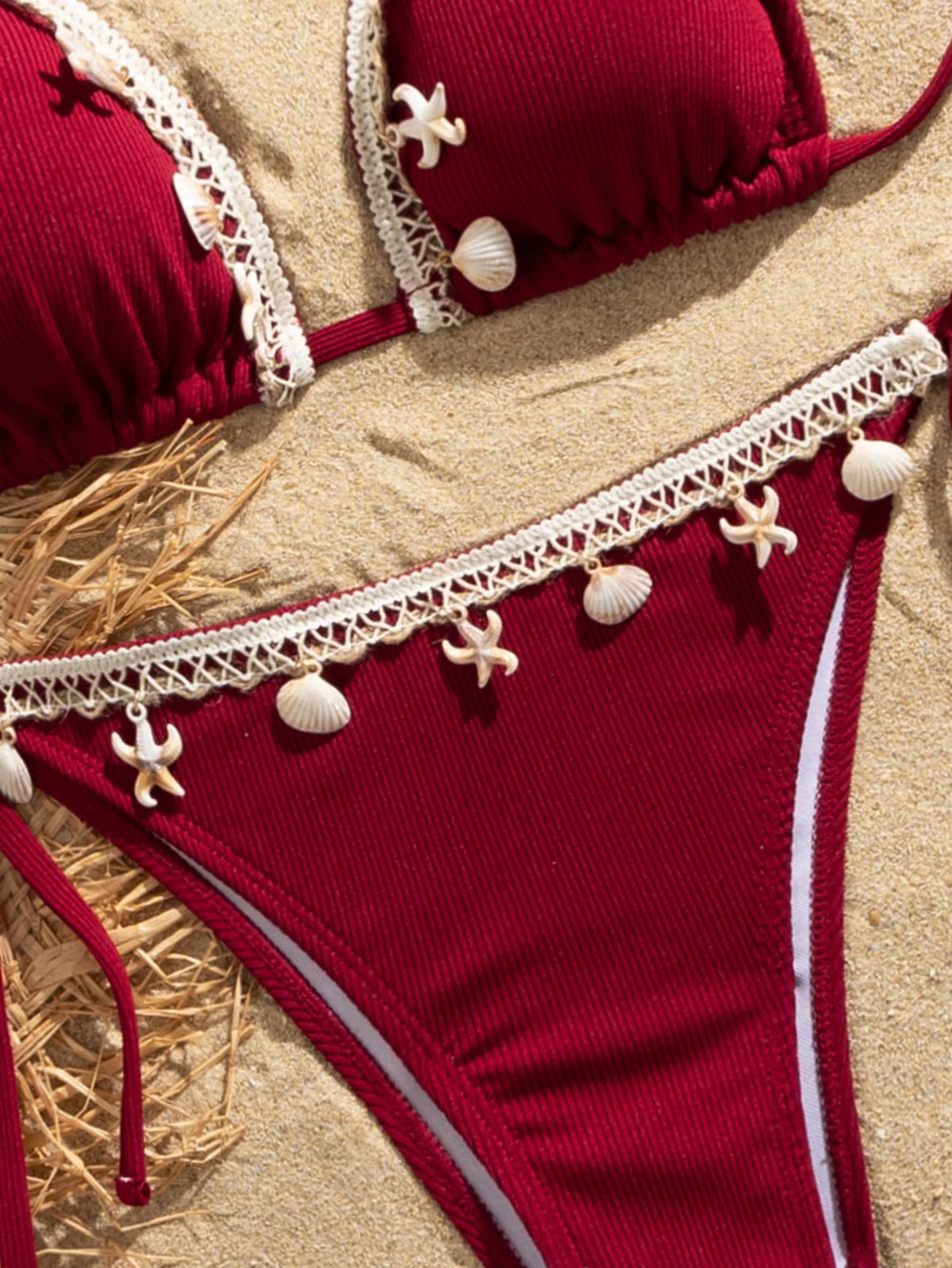 Shell Decoration Ribbed Halter Strappy Bikini Women Swimwear Female Swimsuit Two-pieces Bikini Set Bather Bathing Suit Swim Lady