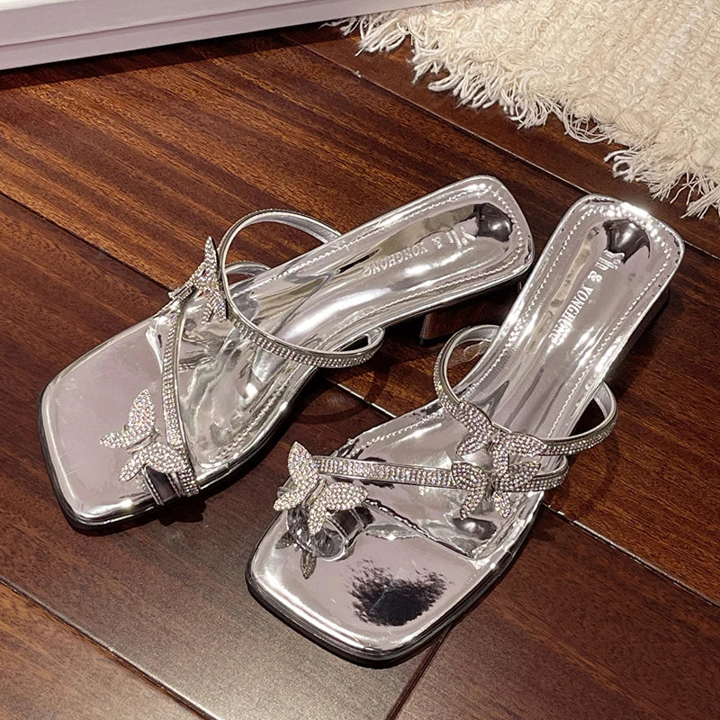 2025 Fashion Silver Crystal Sandals Women Rhinestone Butterfly Thick Heel Sandles Woman Summer Med Heeled Party Shoes Female