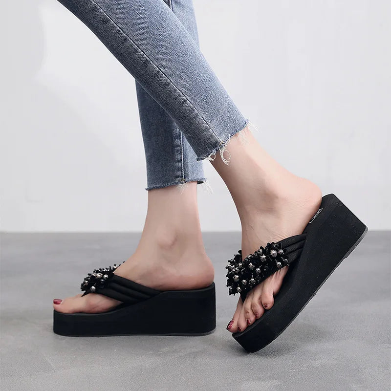 Big Size 42 Fashion Flip Flops For Women Summer Wedges Shoes EVA Sole String Bead Female Indoor Beach Slippers Slip-on Sandals