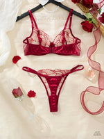 Valentine's Day romantic wine-red embroidered lingerie set - sexy see-through mesh gathered bra set of two pieces ZA825287