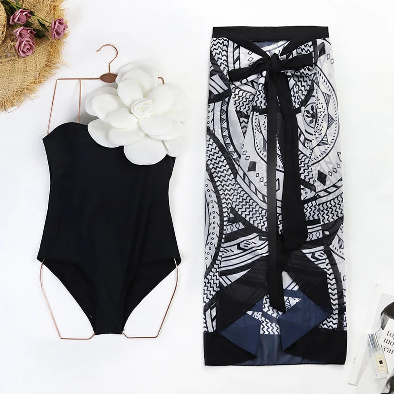 2024 Sexy Sling Ruffle Solid Two Pieces Bikini Women High Waist 3D Flower Swimsuit Skirt Summer Backless Beachwear Bathing Suit
