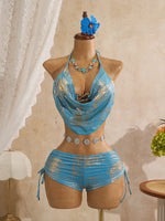 Sexy Hot Stamping Gold Swimwear Women 2026 Collar Split Top Drawstring Side High Waist Bikini Set Summer Bathing Suit Swimsuit