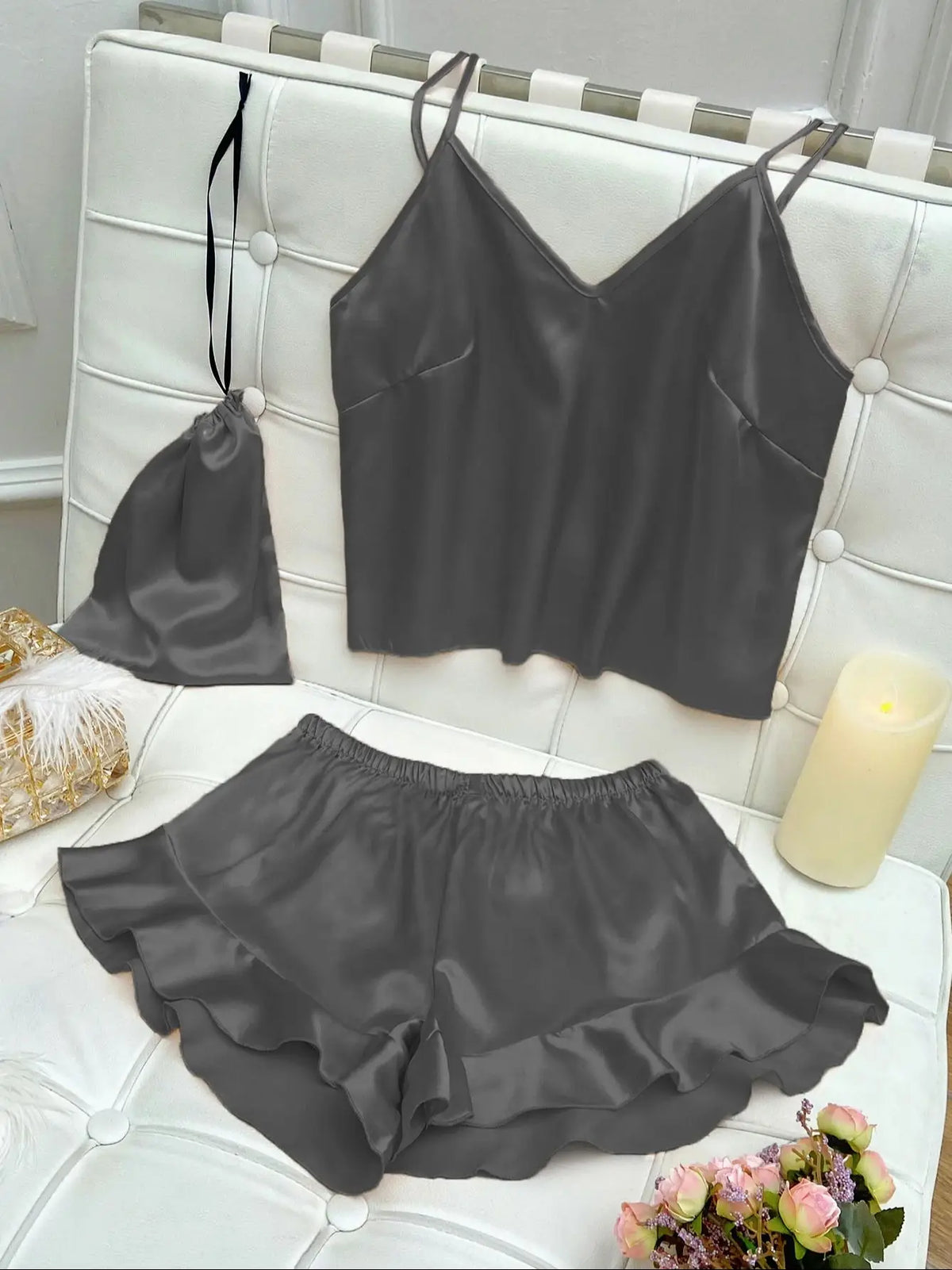 Women's Silk Comfortable Strap Sleepwear Thin Vest Shorts Home Clothes Set Sexy Sleepwear Breathable Lightweight Nightgown