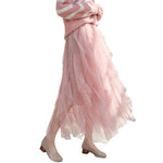 Flowy Hem Versatile Cake Skirt Women Midi Skirt Elastic High Waist Mesh Yarn Decor Long Skirt Solid Color