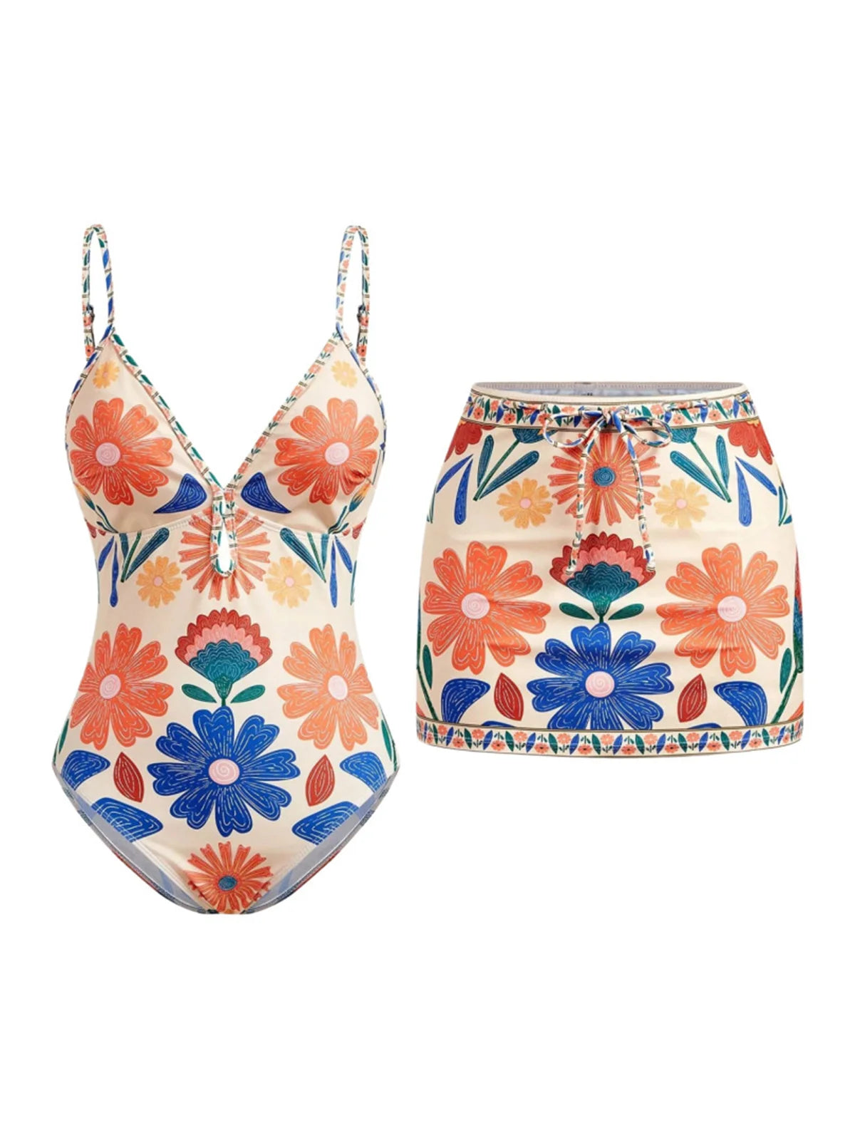 S - XL New Floral Printed With Skirt Women Swimwear V Neck High Leg Cut Bather Bathing Suit Swim One Piece Swimsuit Female K8041