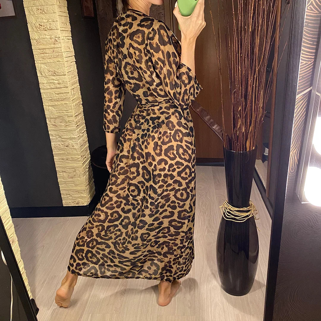 New Sexy Leopard Printed Beach Cover Up Chiffon Cover-ups Swimwear Beach Wear Summer Beachwear Female Women Long Dress K3219C