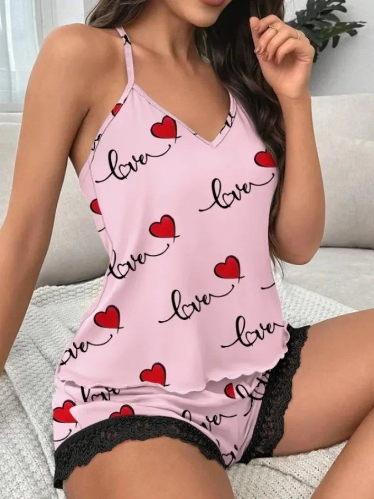 Summer Sleepwear Women's Casual Pajamas Suits V-Neck Sleeveless Heart Print Cami and Shorts Set Loungewear