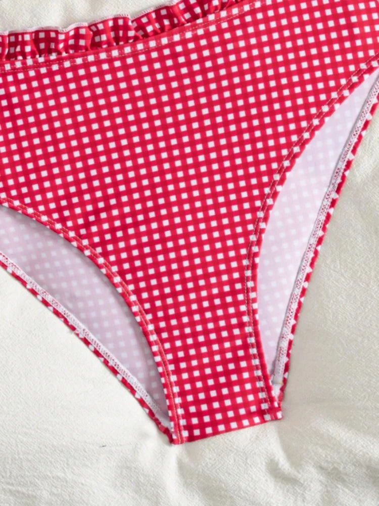 Vintage Coffee Plaid Print Bikini Set Women Bandeau Front Tie Push Up Bra High Waist Swimwear 2026 Beach Bathing Suit Swimsuit