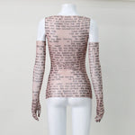 AHAgaga Sexy Tee T-shirt Women 2025 Summer Casual Letter Print Skinny See Through With Gloves Cropped Shirts Women Female Blusas