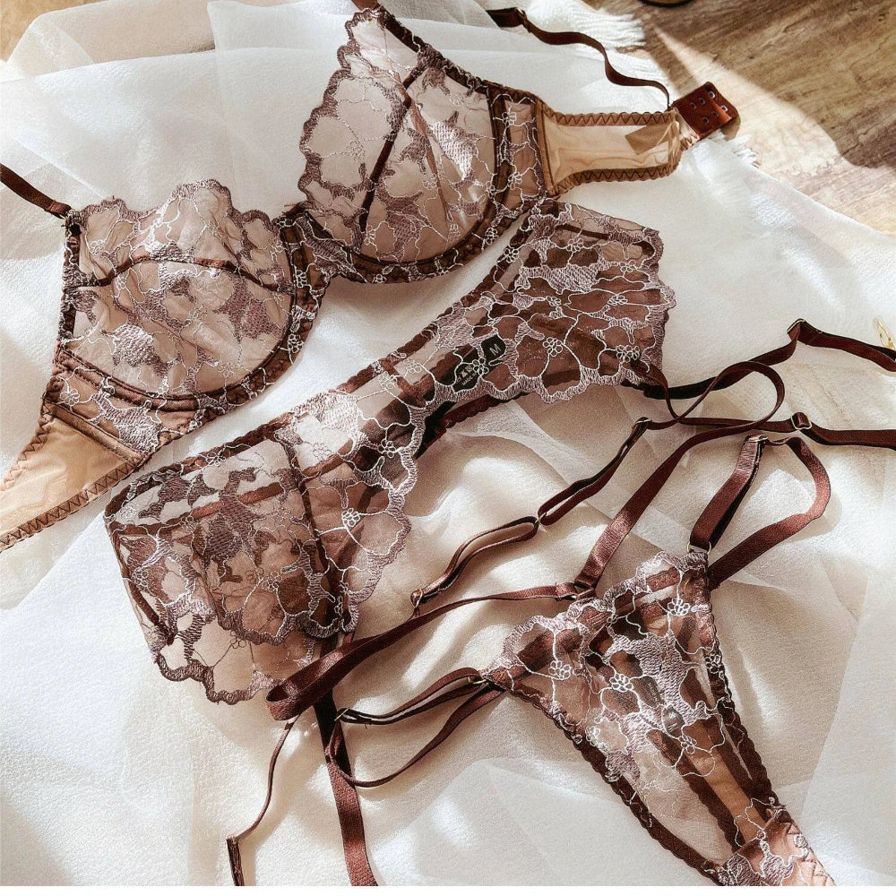 3 Pcs Sexy Lingerie Set Women Lace Embroidery Bra French Ultra Thin Mesh Underwear Summer High Quality Bras and T-back Stockings