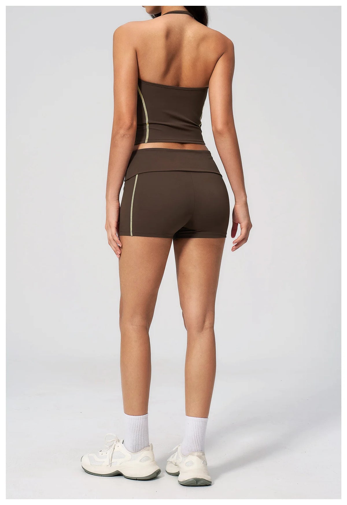 2PCS Women Yoga Sets Color Contrast Hanging Neck V Neck Slimming Sports Tank Top Flip High Waist Shorts Gym Running Fitness Suit