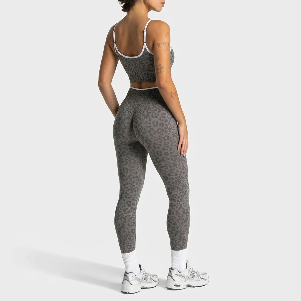 2Pcs Women Leopard Print Yoga Outfit Adjustable Strap Camisole Top High Waist Stretch Leggings Sports Pilates Workout Suit
