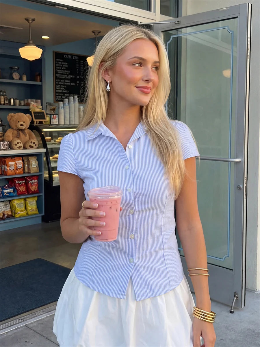 Women's Button Down Shirt Solid Color Short Sleeve Slim Fit Lapel Ruched Tops and Blouses Streetwear 2026 Summer