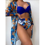 2025 Three Pieces Bikini Set Cover Up Swimwear Women Swimsuit Print Long Sleeve Push Up Bathing Suit Beachwear Swimming Biquini