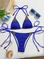Sexy Blue Knitted Patchwork Bikini Set Women Halter Push Up Bra Bandage Thong Swimsuit Summer Bathing Suit Pool Swimwear 2026