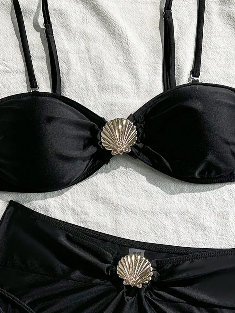 Sexy Metal Shell High Waist Bikini Set Women Black Coffee Pleate Push Up Two Piece Swimsuit 2026 Holiday Bathing Suit Swimwear
