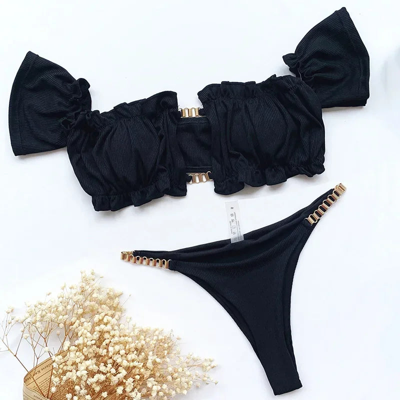Sexy Ruffled Frill Off Shoulder Bikini Women Swimwear Female Swimsuit Two-pieces Bikini Set Ribbed Bathing Suit Swim Beach Wear