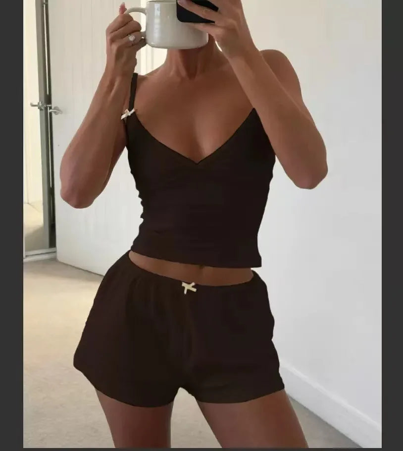 Summer New Women's Pajama Set with Bow Strap Shorts Casual Comfortable Soft Breathable Home Clothes Two Piece Set Y2K Hot