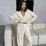 New 100% Cotton Printed Cardigan Pajama Set Women's New Autumn Long Sleeved Pants Pajamas Loose Home Clothing 2-piece Set 2026