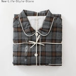 Men Brushed Cotton Vintage Plaid Stripe Pajama Set Lapel Collar Long Sleeve Top Pants Home Sleepwear Loungewear