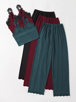 Women Ribbed Pajama Set Lace Trim Cami Top and Pants Sleepwear Soft Breathable Button Front Loungewear