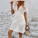 S - XL Short Sleeve V Neck Crochet Knitted Tunic Beach Cover Up Cover-ups Beach Dress Beach Wear Beachwear Female Women V5314