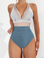 Solid Color One Piece Bikini for Women,sexy Deep-V Neck Suspender Backless Swimsuit,high Waist Translucent Striped Mesh Swimwear