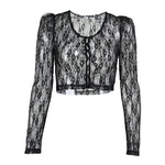 Sweet Sexy Girl Floral Lace See Through Cardigan Shirt Women Long Sleeve V Neck Slim Crop Top Beach Club Single Breasted Tops