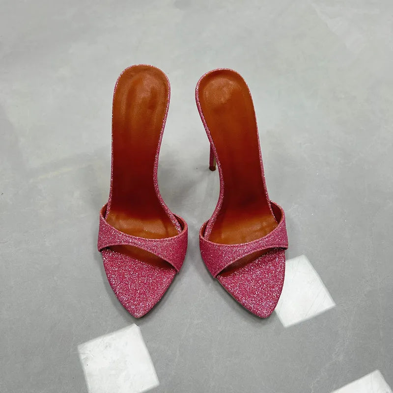 Open Pointy Glitter Mules With High Heels Women Holiday Summer Crocodile Leather Shoes Lady Multicolor Party Casual Slippers