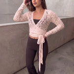 FDYOUI Women's V-neck Long Sleeve Lace T-shirt 2026 Ladies Chic Bandage Lace Tee Shirts Pink Streetwear Girls Slim Crop Tops