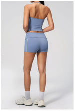 2PCS Women Yoga Sets Color Contrast Hanging Neck V Neck Slimming Sports Tank Top Flip High Waist Shorts Gym Running Fitness Suit