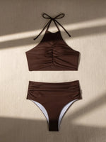 Sexy Halter Pleate Bikini Set 2025 Women Coffee Push Up Crop Top with High Waist Swimsuit Summer Holiday Bathing Suit Swimwear
