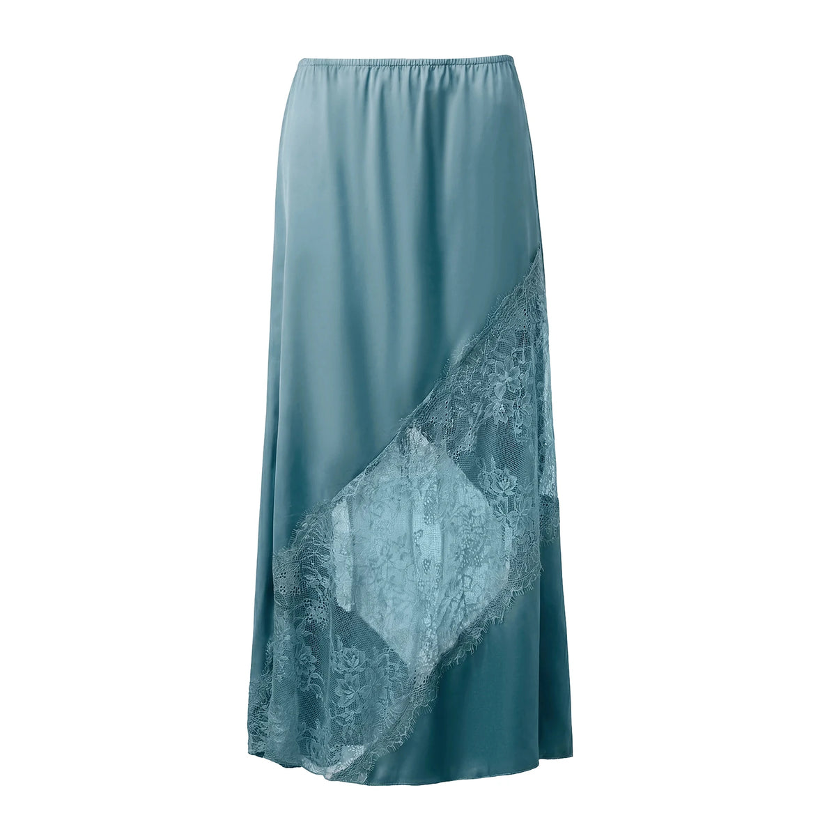 Fashion Stylish Women's Long Skirt Solid Color Satin Lace Patchwork Mid Rise Skirt for Spring Summer