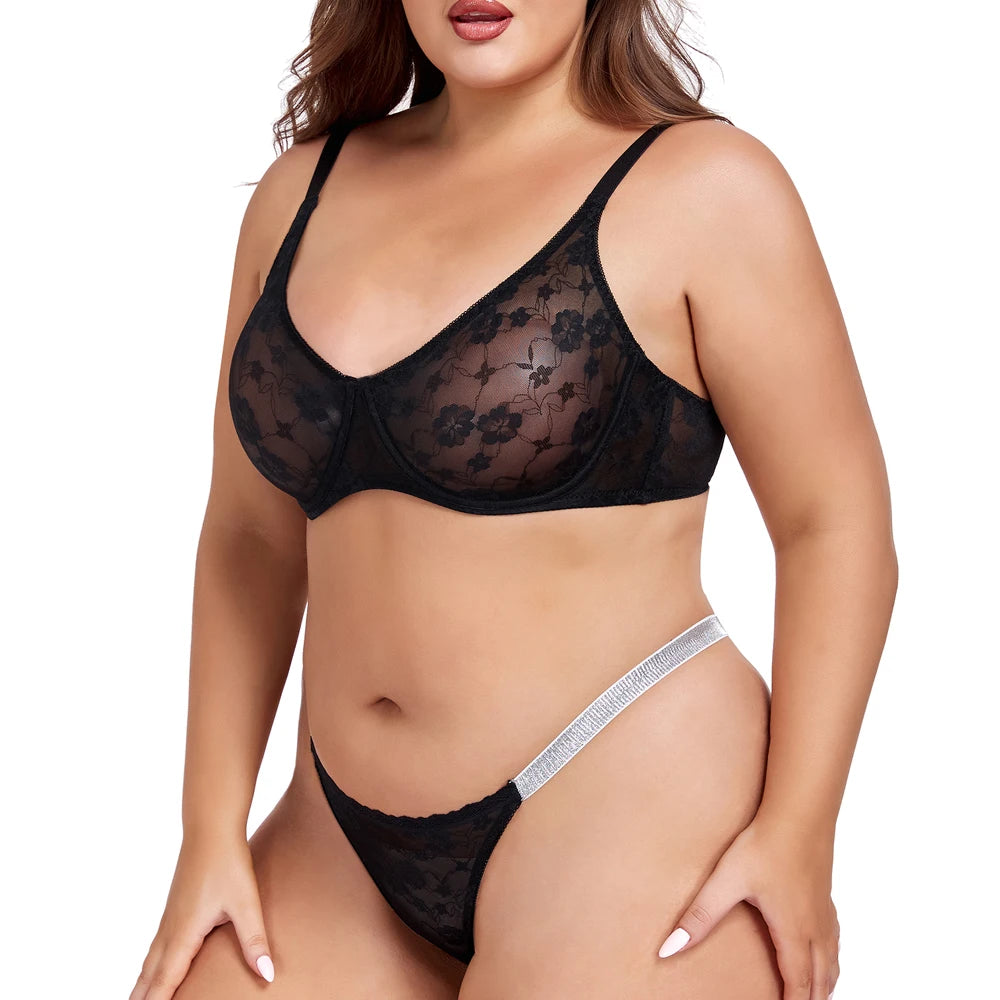 Sexy Floral Lace Womens Lingerie Set Breathable Erotic Bra And Briefs Sets Panties Thong Plus Size Underwear B C D E F Cup