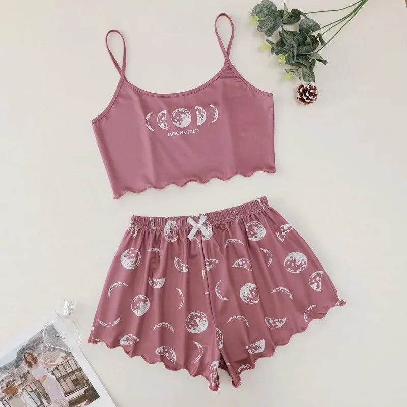 Women Pajamas Sleepwear Pajama Set Sports Camisole And Shorts Pink Moon And Planet Print Summer Soft Comfortabl Casual