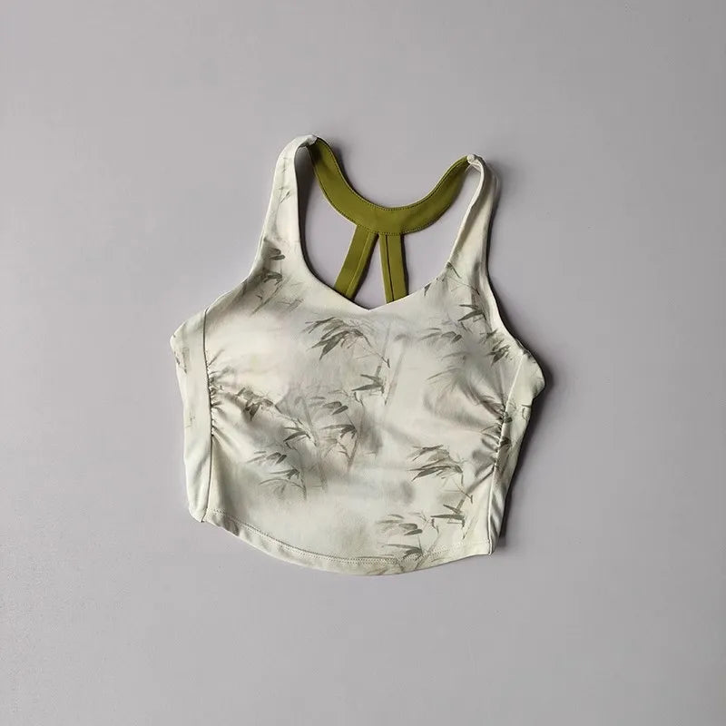 Women's Elegant Printed Yoga Sports Vest Shock Resistant Fitness Outerwear Beautiful Back Cross Shaped Design