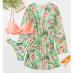 2025 Three Pieces Bikini Set Cover Up Swimwear Women Swimsuit Print Long Sleeve Push Up Bathing Suit Beachwear Swimming Biquini